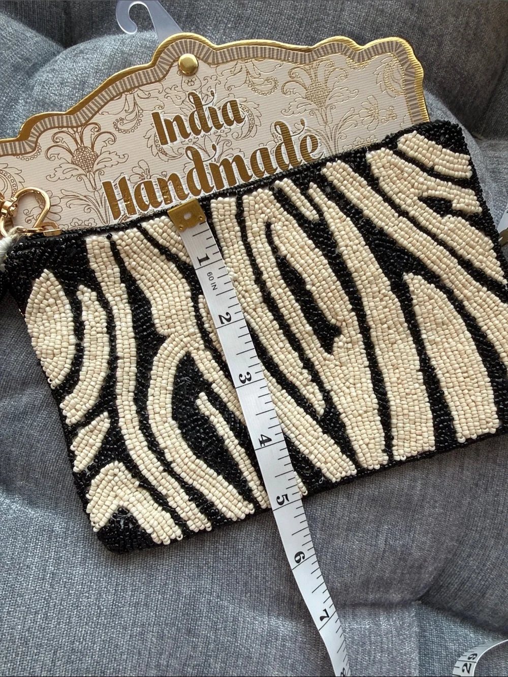Handmade in India Beaded Zebra Print Clutch - Black & Cream